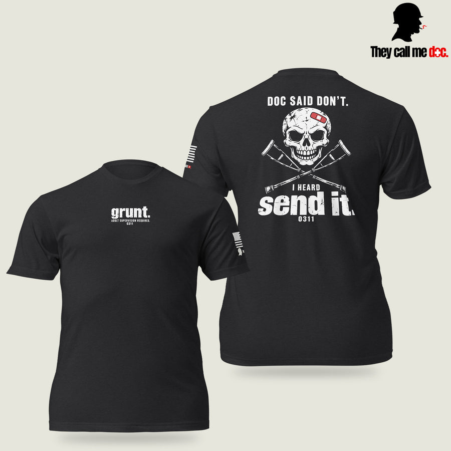 Grunt 0311 unisex T-shirt in Black, front and back views, with Marine infantry and corpsman humor design — They Call Me Doc.