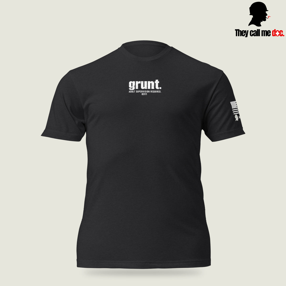 Grunt 0311 unisex T-shirt in Black, front view, with Marine infantry and corpsman humor design — They Call Me Doc.