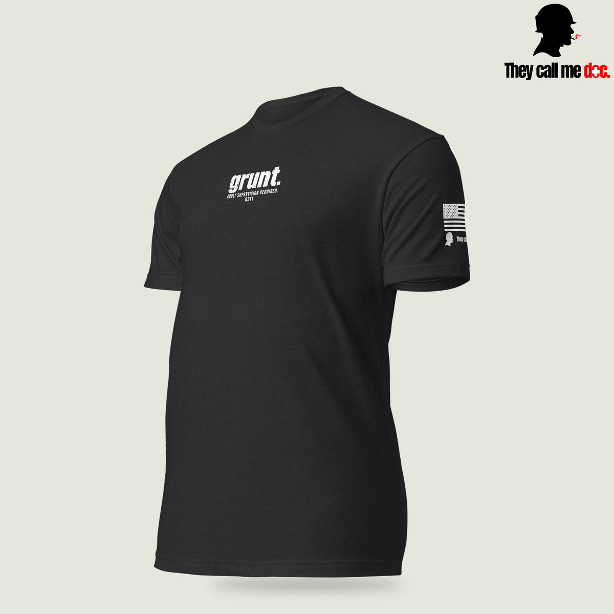 Grunt 0311 unisex T-shirt in Black, angled front view, with Marine infantry and corpsman humor design — They Call Me Doc.