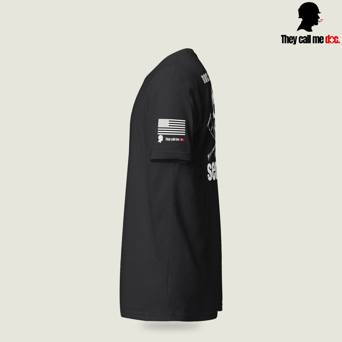 Grunt 0311 unisex T-shirt in Black, sleeve view, with Marine infantry and corpsman humor design — They Call Me Doc.