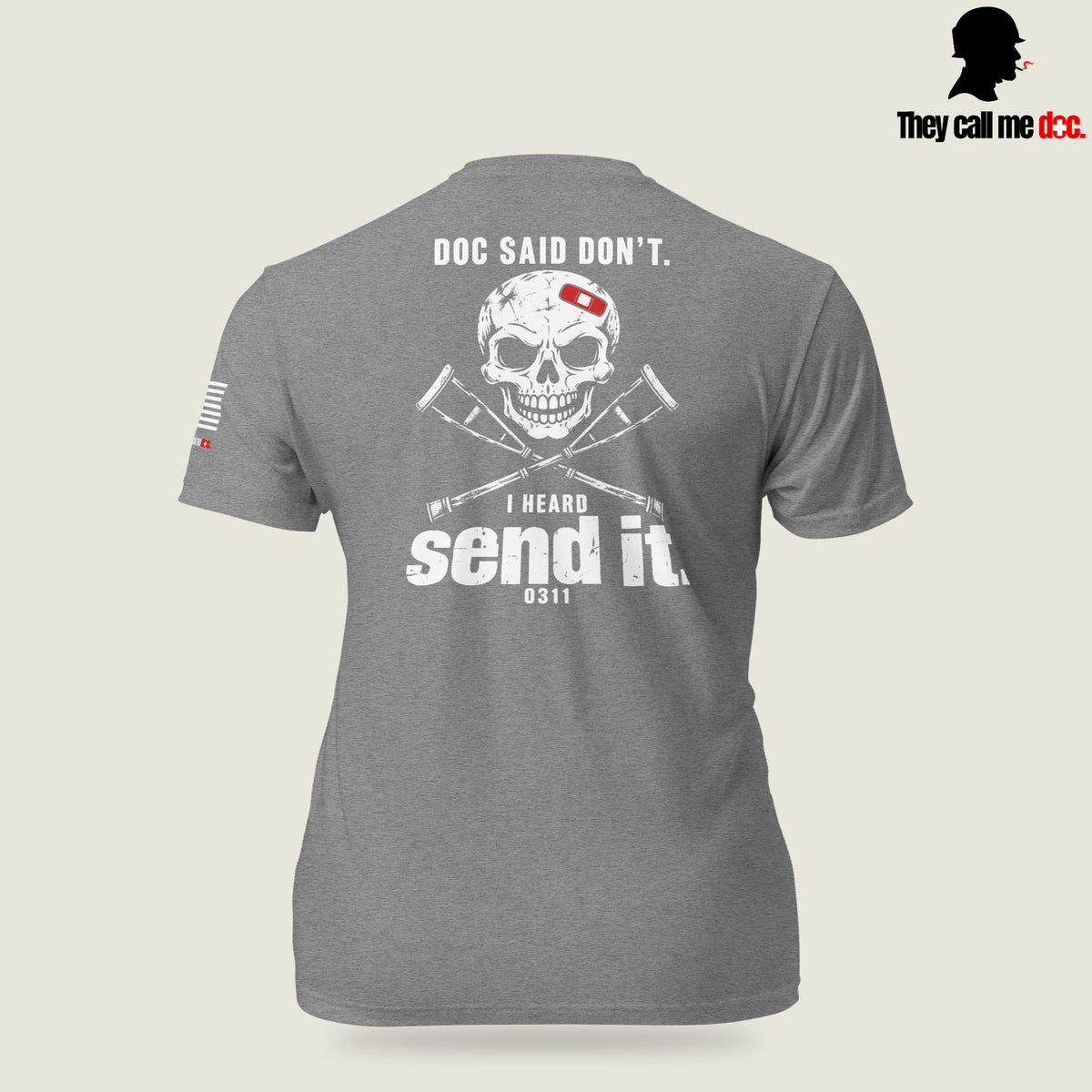 Grunt 0311 unisex T-shirt in Dark Heather Gray, back view, with Marine infantry and corpsman humor design — They Call Me Doc.