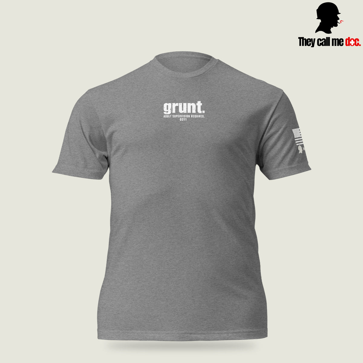 Grunt 0311 unisex T-shirt in Dark Heather Gray, front view, with Marine infantry and corpsman humor design — They Call Me Doc.
