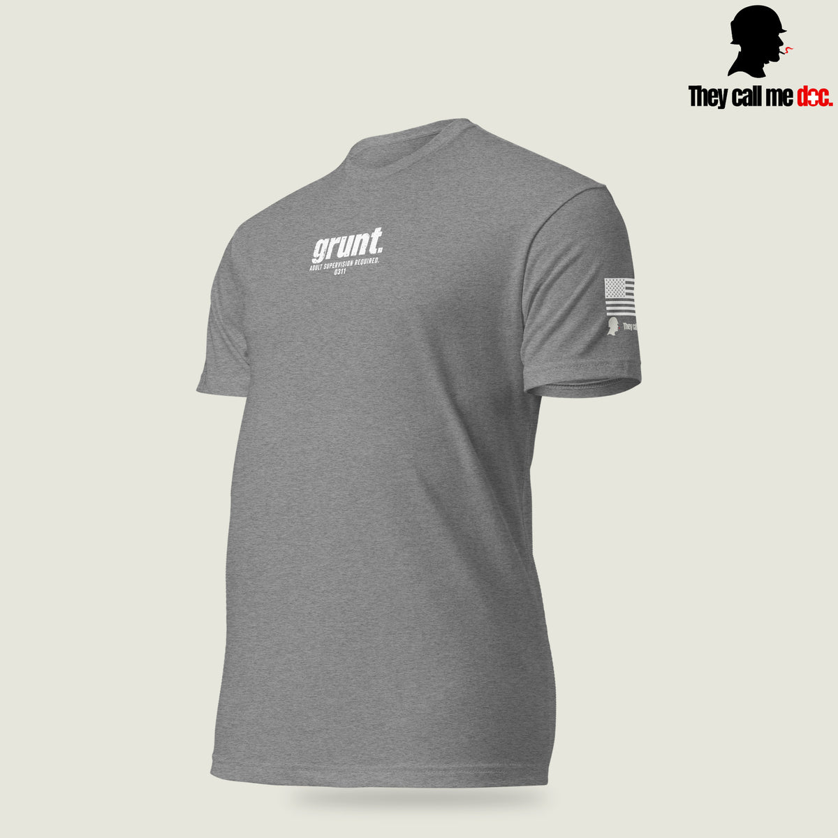 Grunt 0311 unisex T-shirt in Dark Heather Gray, angled front view, with Marine infantry and corpsman humor design — They Call Me Doc.