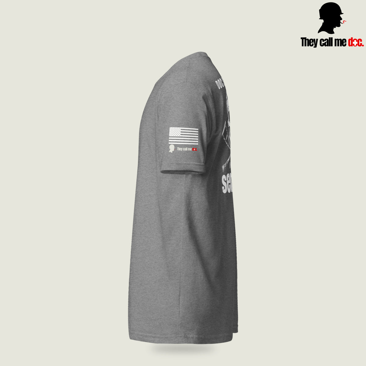 Grunt 0311 unisex T-shirt in Dark Heather Gray, sleeve view, with Marine infantry and corpsman humor design — They Call Me Doc.