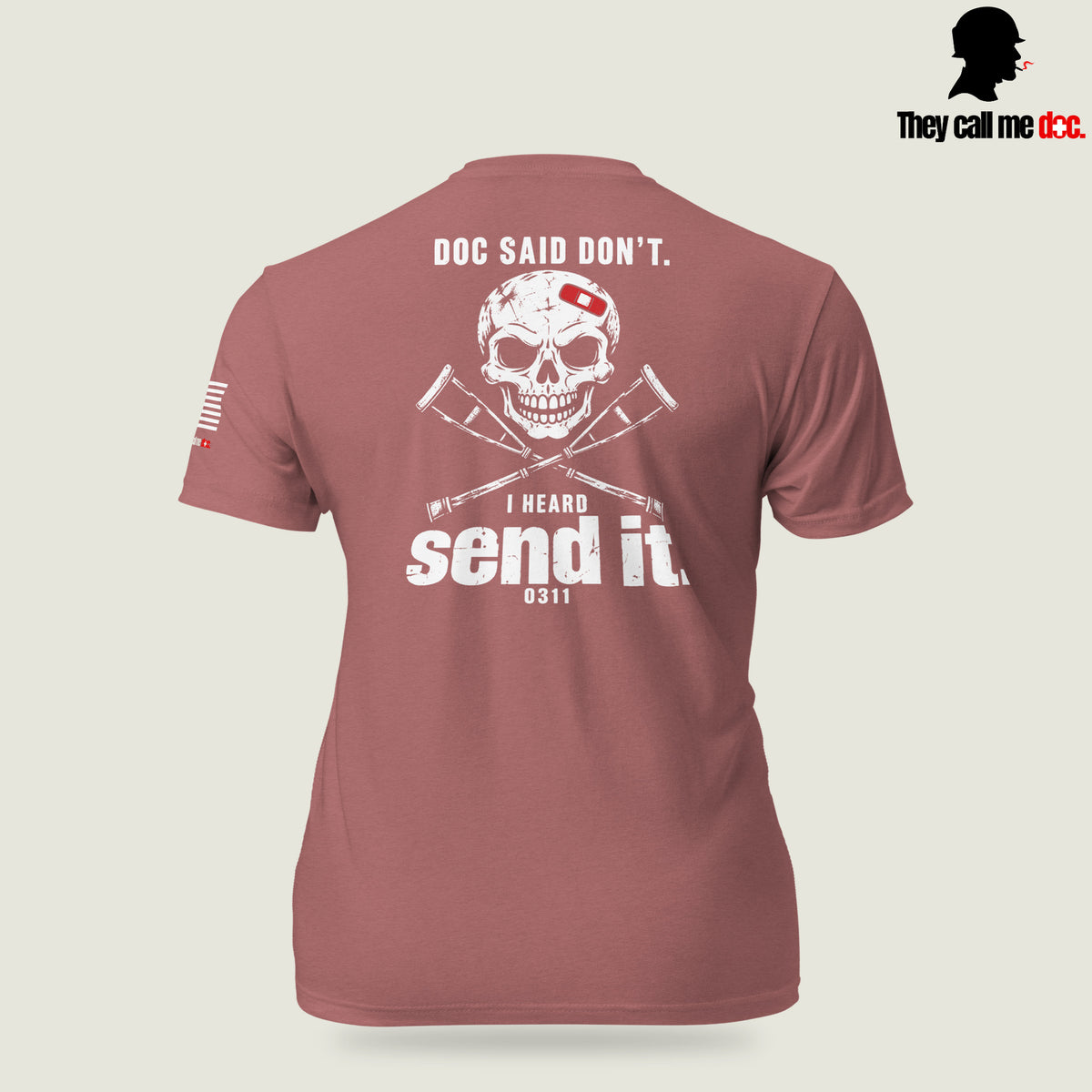Grunt 0311 unisex T-shirt in Heather Mauve, back view, with Marine infantry and corpsman humor design — They Call Me Doc.