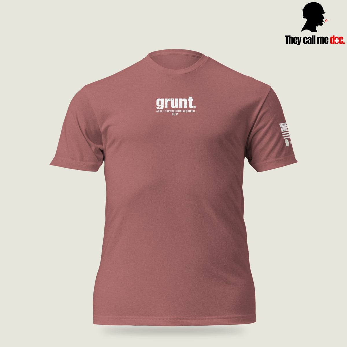 Grunt 0311 unisex T-shirt in Heather Mauve, front view, with Marine infantry and corpsman humor design — They Call Me Doc.