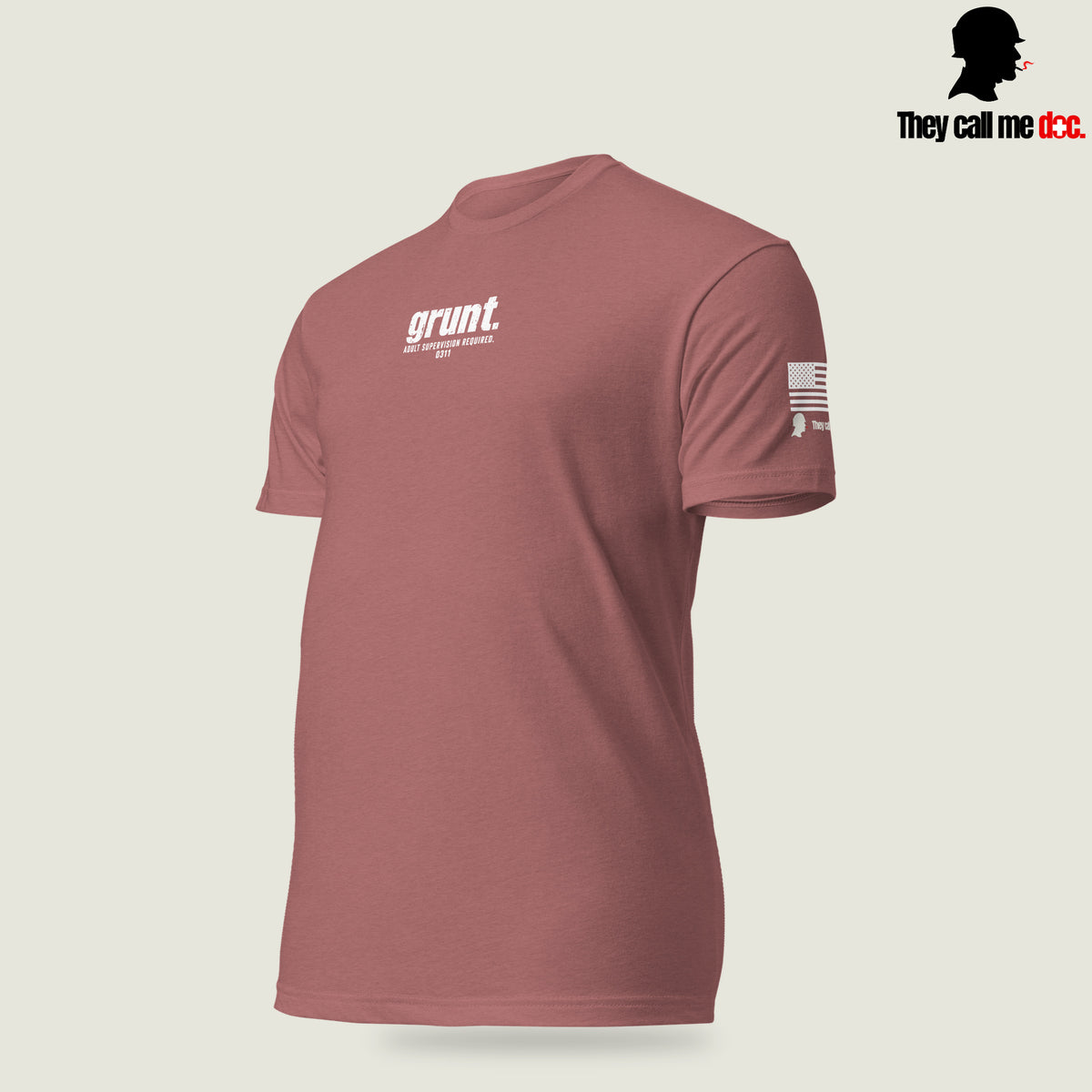 Grunt 0311 unisex T-shirt in Heather Mauve, angled front view, with Marine infantry and corpsman humor design — They Call Me Doc.