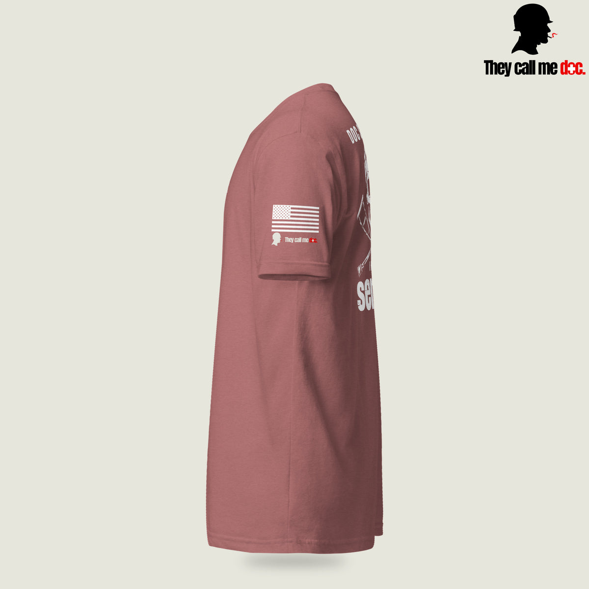 Grunt 0311 unisex T-shirt in Heather Mauve, sleeve view, with Marine infantry and corpsman humor design — They Call Me Doc.
