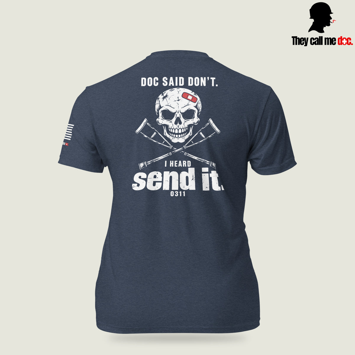 Grunt 0311 unisex T-shirt in Midnight Navy, back view, with Marine infantry and corpsman humor design — They Call Me Doc.