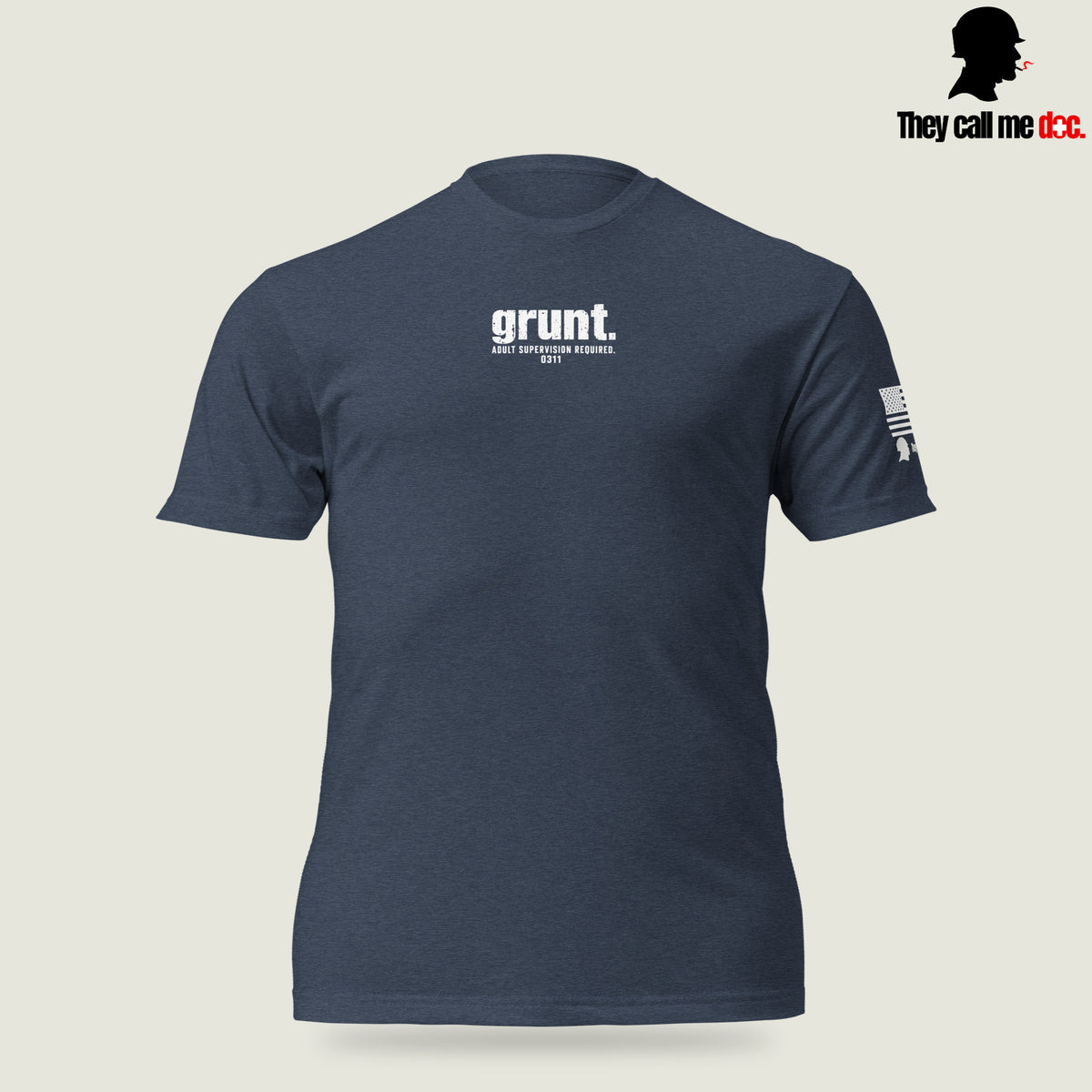 Grunt 0311 unisex T-shirt in Midnight Navy, front view, with Marine infantry and corpsman humor design — They Call Me Doc.