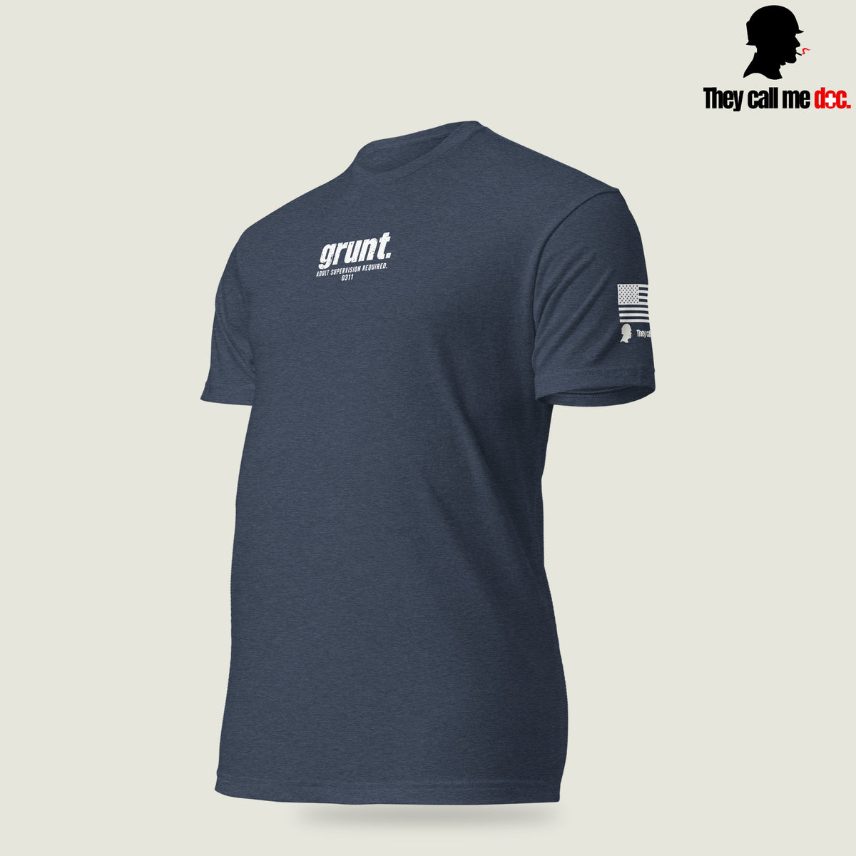 Grunt 0311 unisex T-shirt in Midnight Navy, angled front view, with Marine infantry and corpsman humor design — They Call Me Doc.