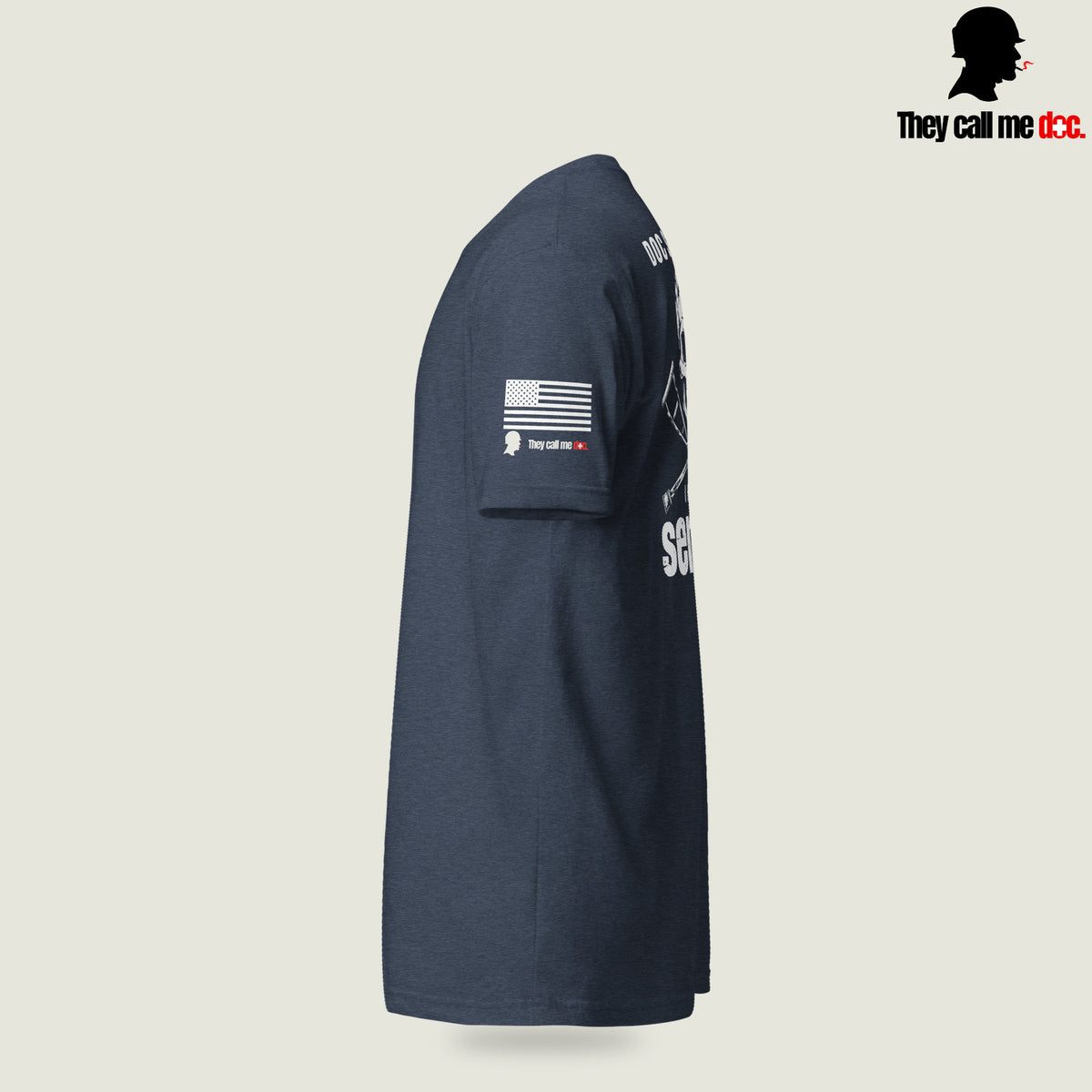 Grunt 0311 unisex T-shirt in Midnight Navy, sleeve view, with Marine infantry and corpsman humor design — They Call Me Doc.