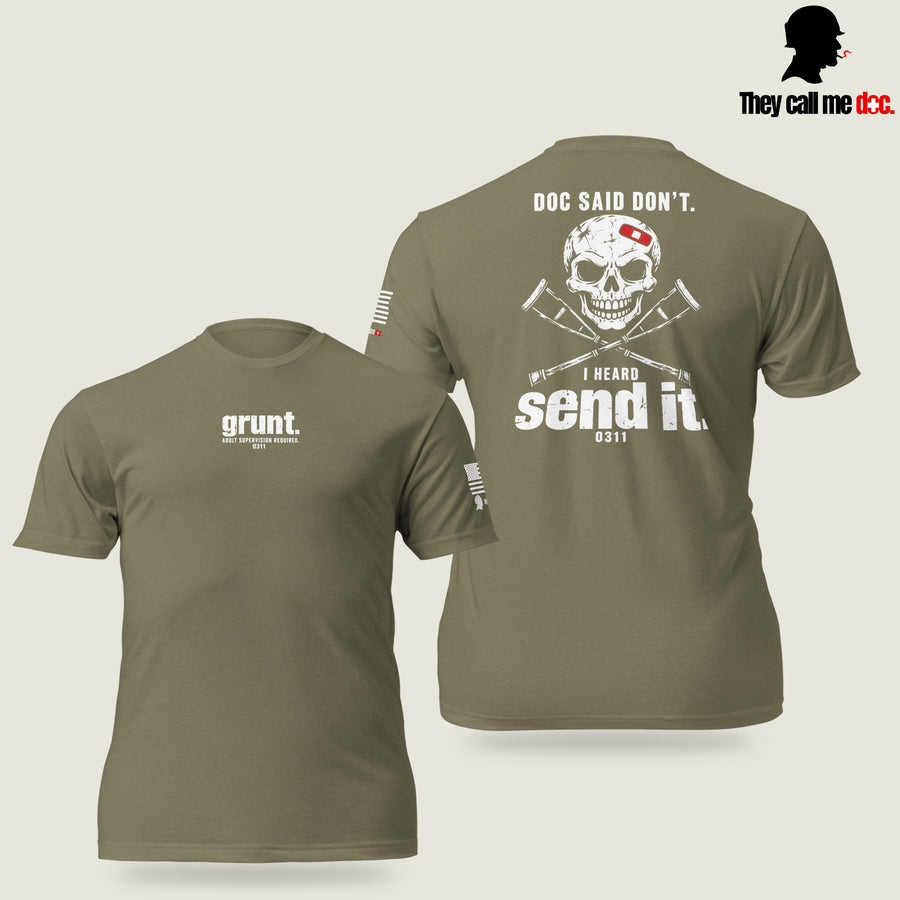 Grunt 0311 unisex T-shirt in Military Green, front and back views, with Marine infantry and corpsman humor design — They Call Me Doc.