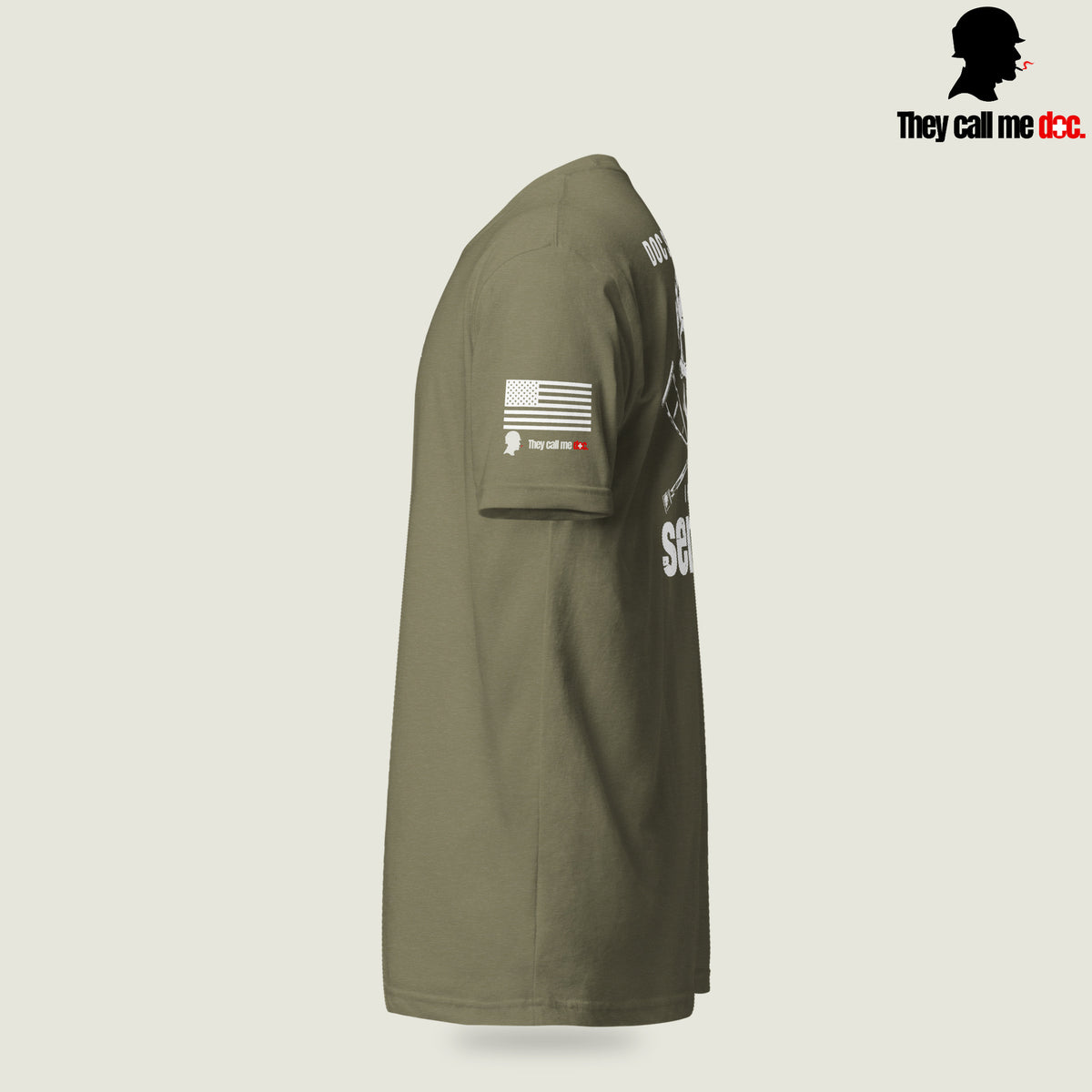 Grunt 0311 unisex T-shirt in Military Green, sleeve view, with Marine infantry and corpsman humor design — They Call Me Doc.