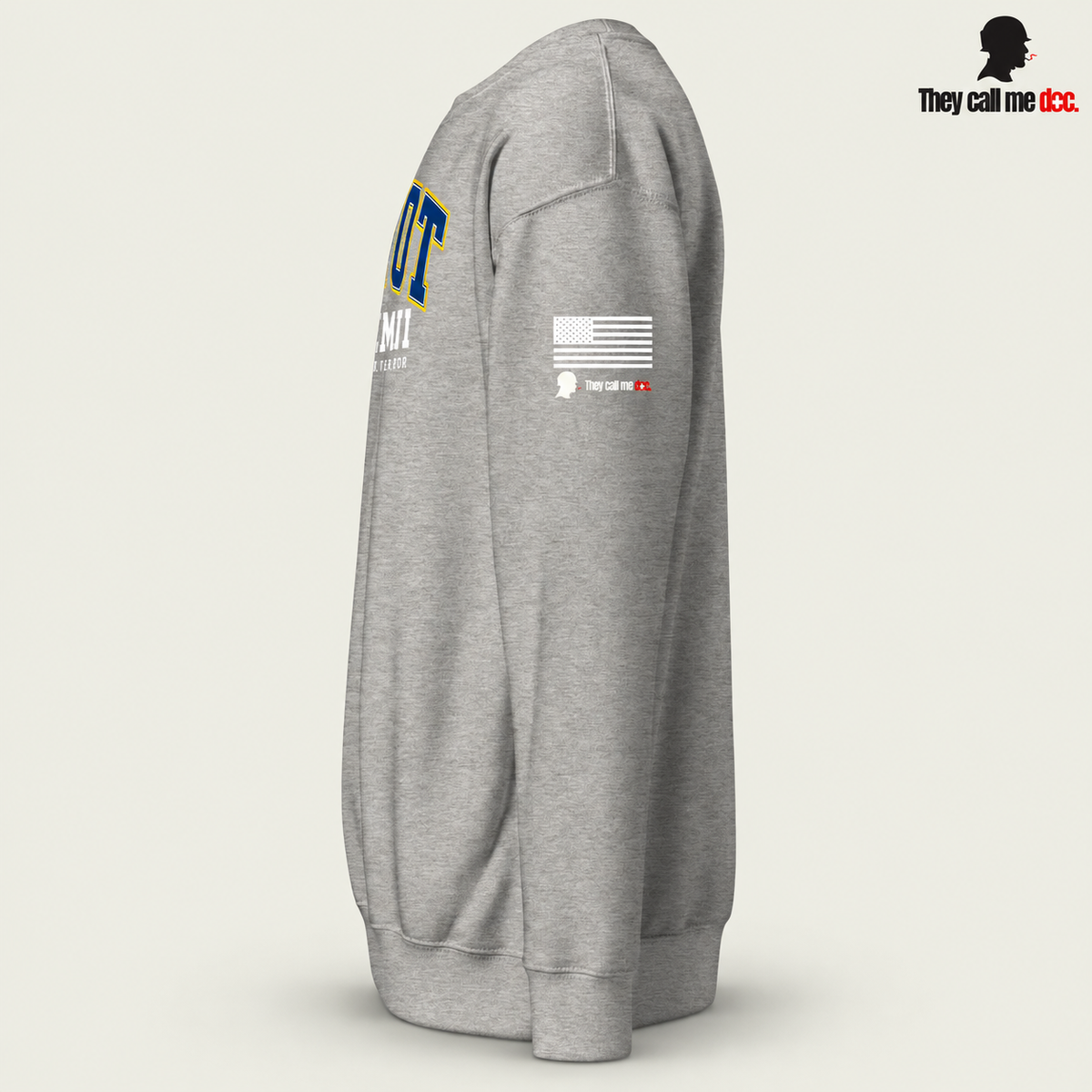 GWOT Alumni crewneck sweatshirt in carbon grey, left sleeve view
