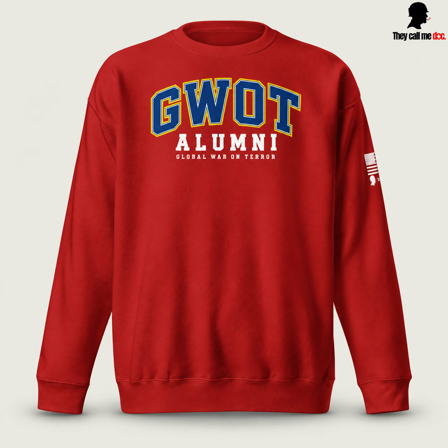 GWOT Alumni crewneck sweatshirt in cardinal, front view