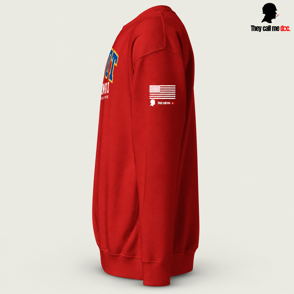 GWOT Alumni crewneck sweatshirt in cardinal, left sleeve view