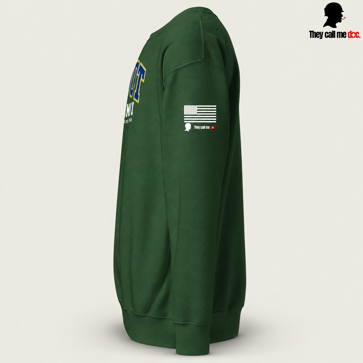 GWOT Alumni crewneck sweatshirt in forest green, left sleeve view