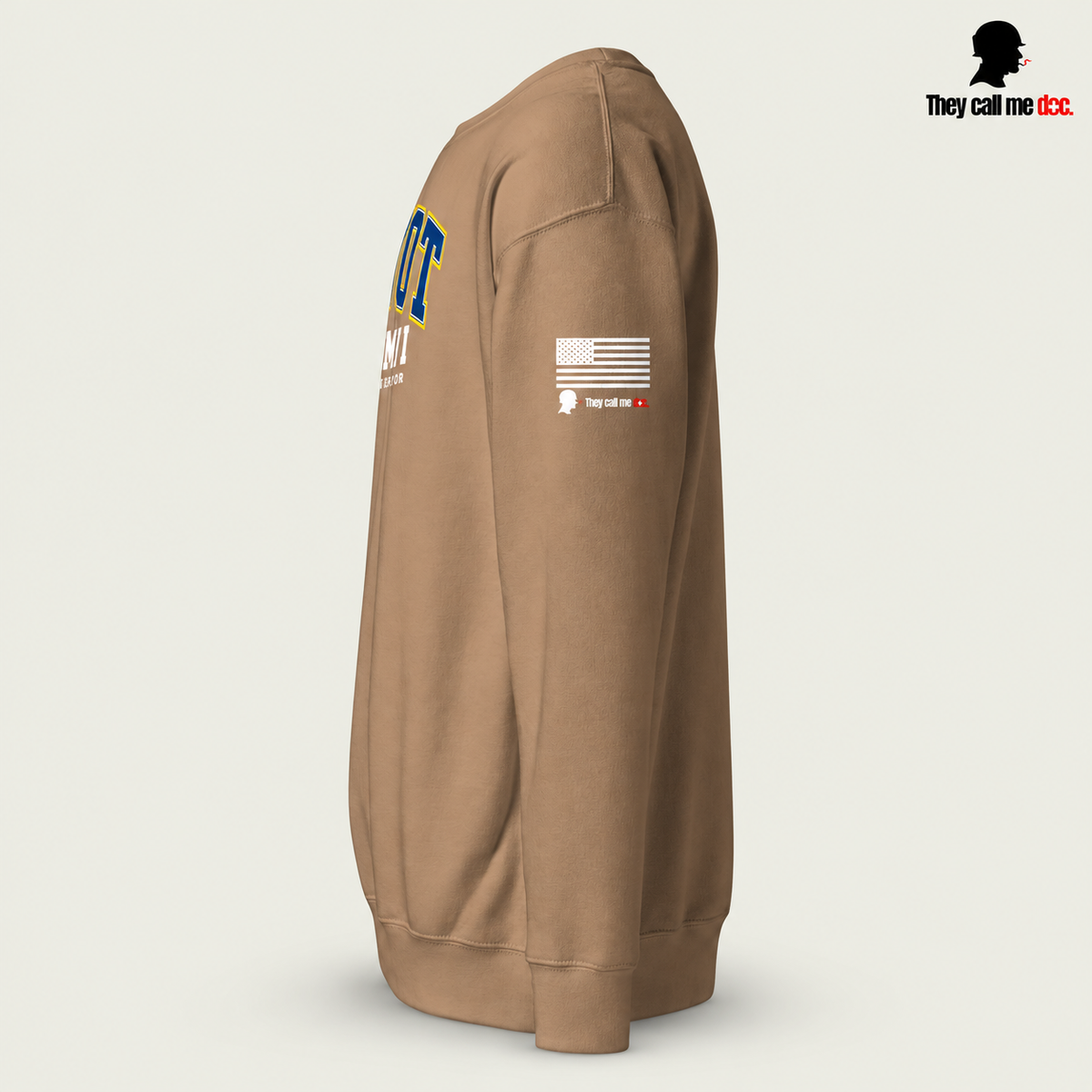 GWOT Alumni crewneck sweatshirt in latte, left sleeve view