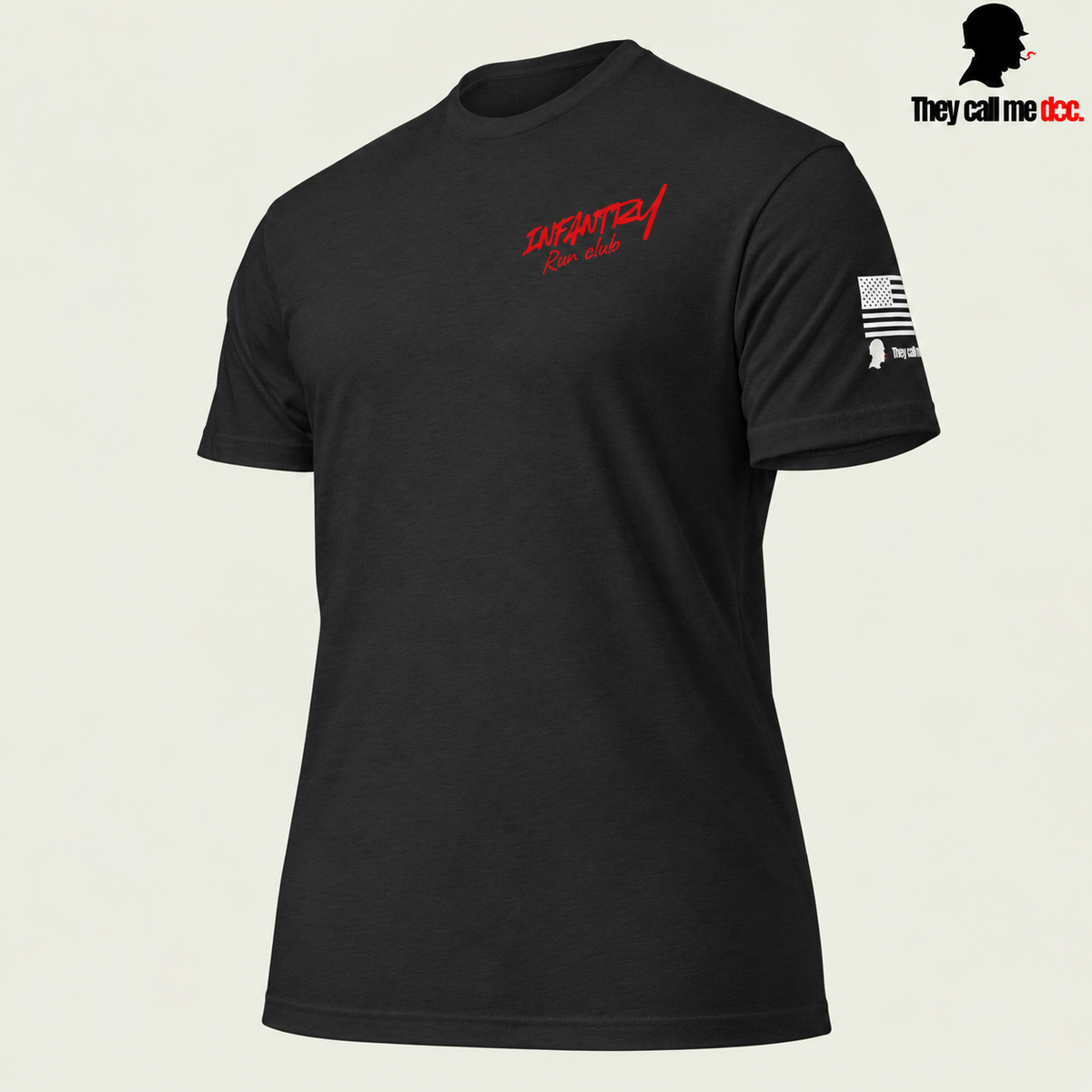 Infantry Run Club T-Shirt in Black — angled front view