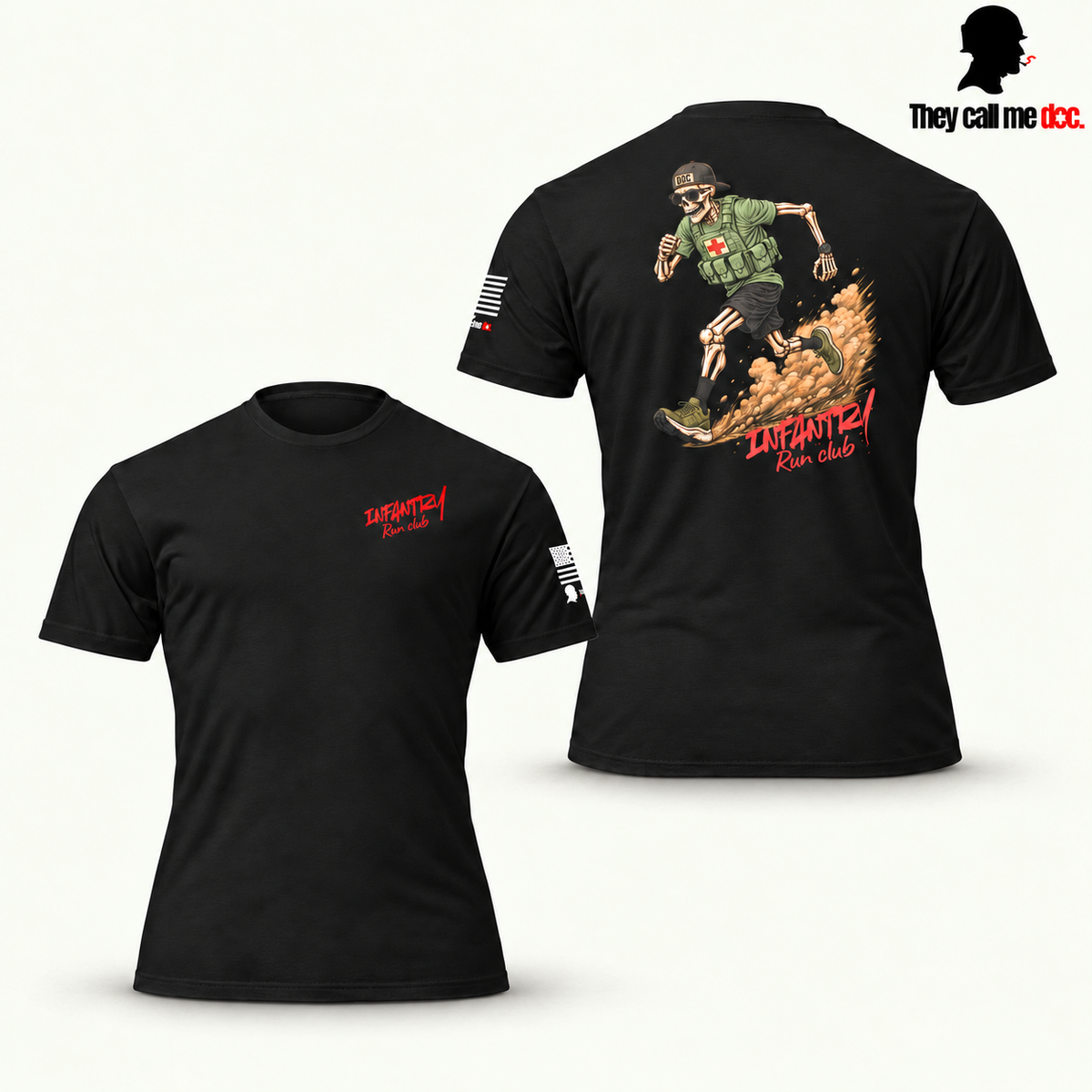 Infantry Run Club T-Shirt in black, front and back view with soft studio shadows
