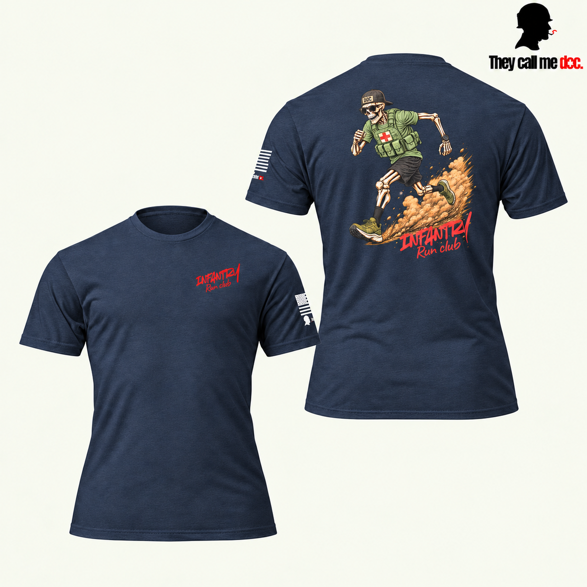 Infantry Run Club T-Shirt in Midnight Navy — front and back diagonal view