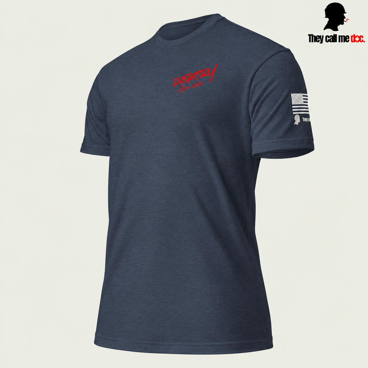 Infantry Run Club T-Shirt in Midnight Navy — angled front view