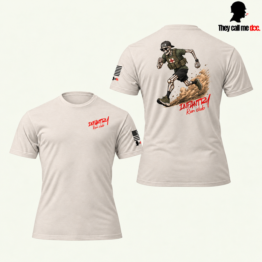 Infantry Run Club T-Shirt in Sand — front and back diagonal view