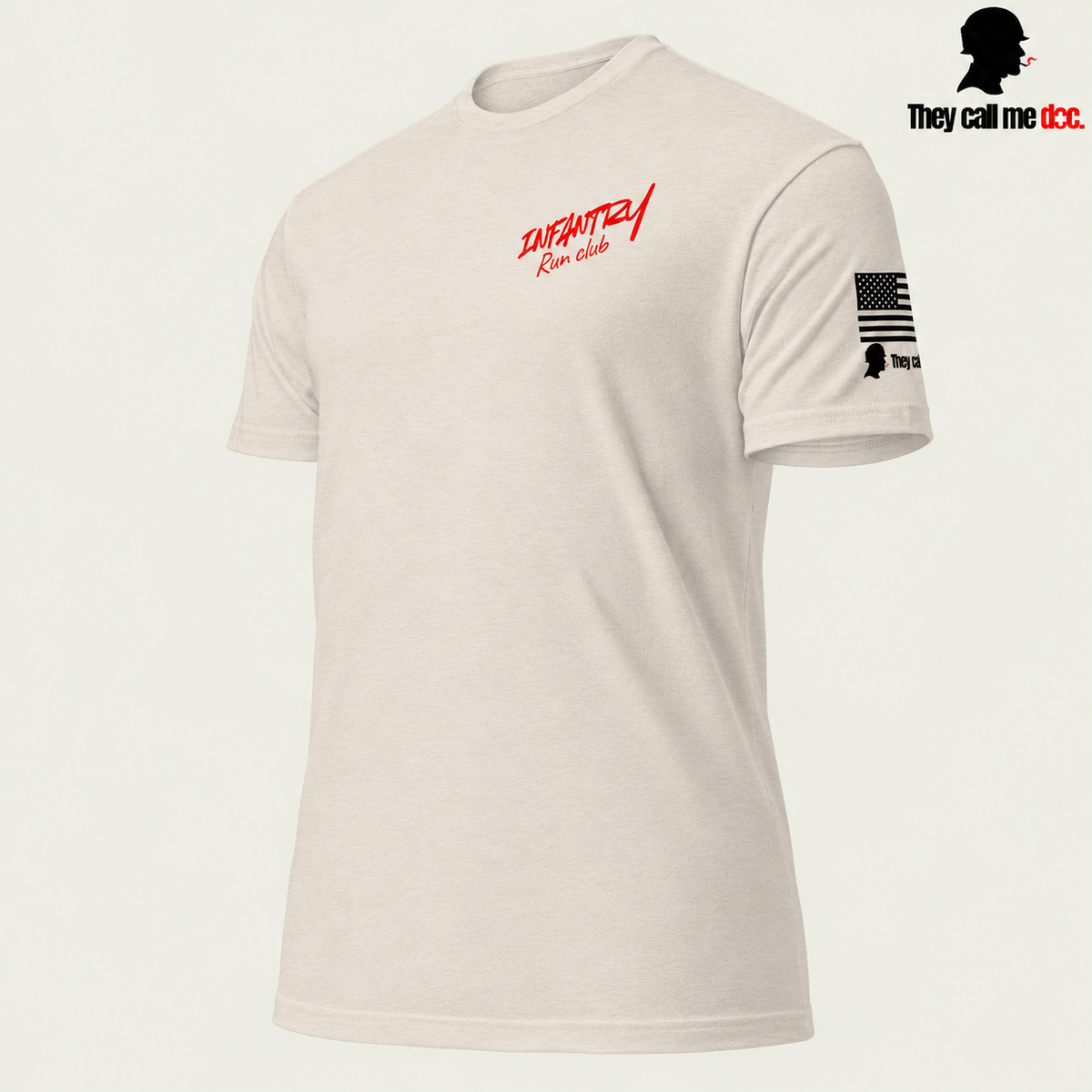 Infantry Run Club T-Shirt in Sand — angled front view
