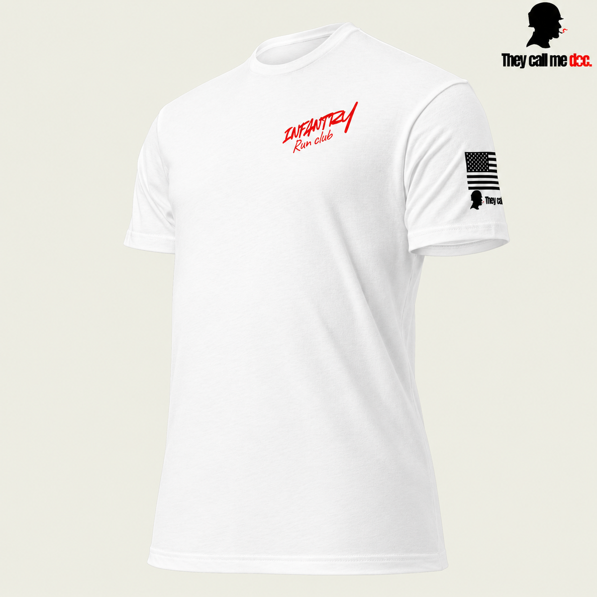 Infantry Run Club T-Shirt in White — angled front view