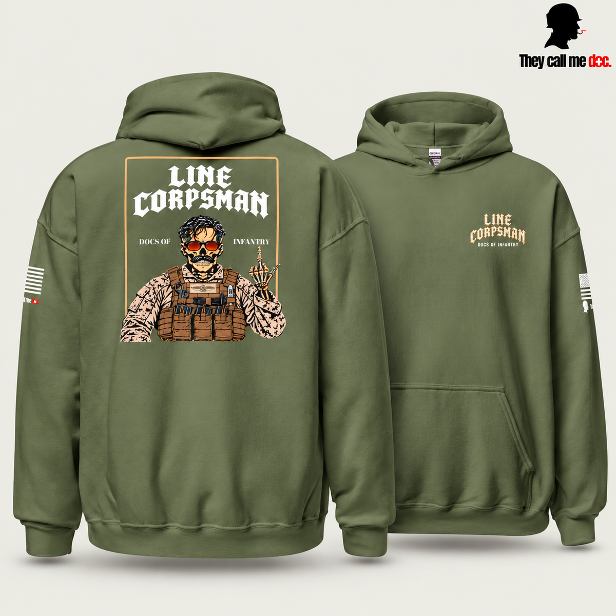 Line Corpsman Hoodie - Military Green - front and back