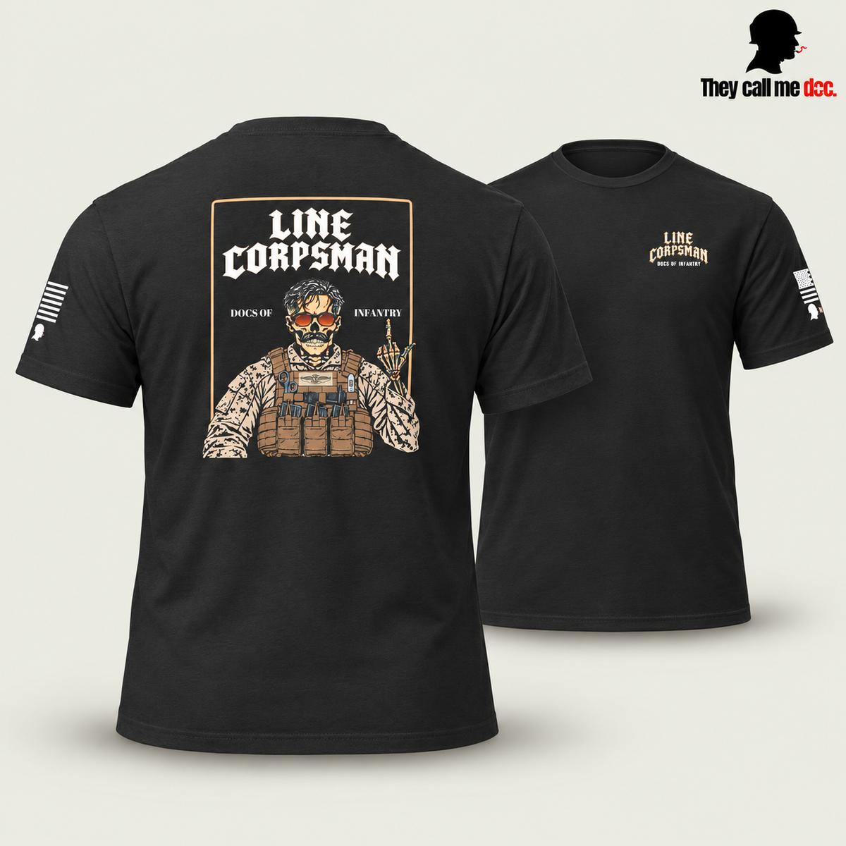 Line Corpsman T-Shirt in black, back design in foreground with front view behind