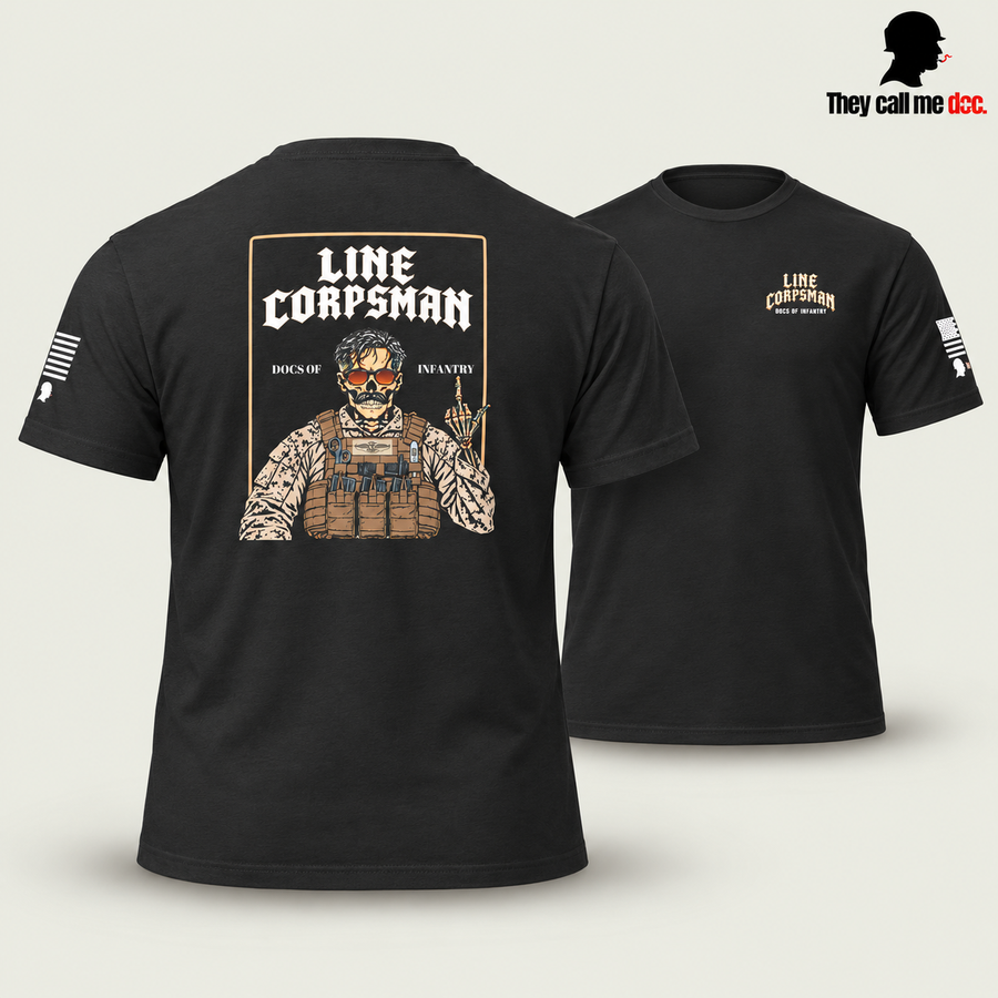 Line Corpsman T-Shirt in black, back design in foreground with front view behind