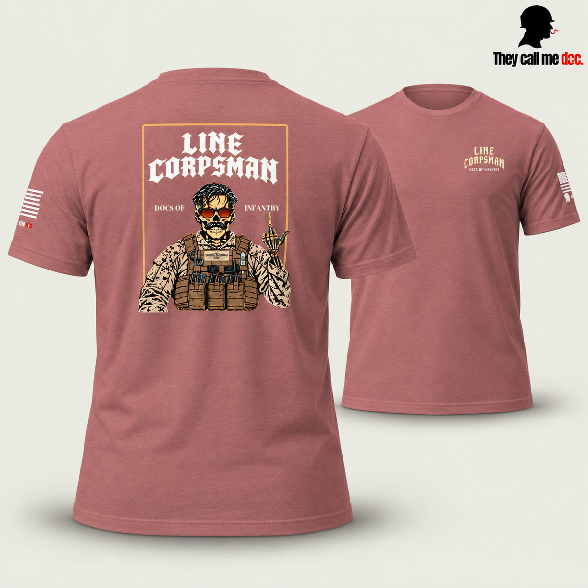 Line Corpsman T-Shirt in heather mauve, back design in foreground with front view behind