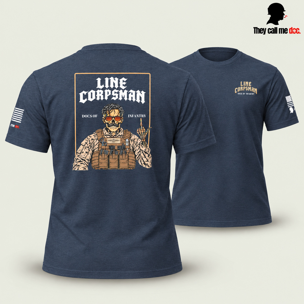 Line Corpsman T-Shirt in midnight navy, back design in foreground with front view behind