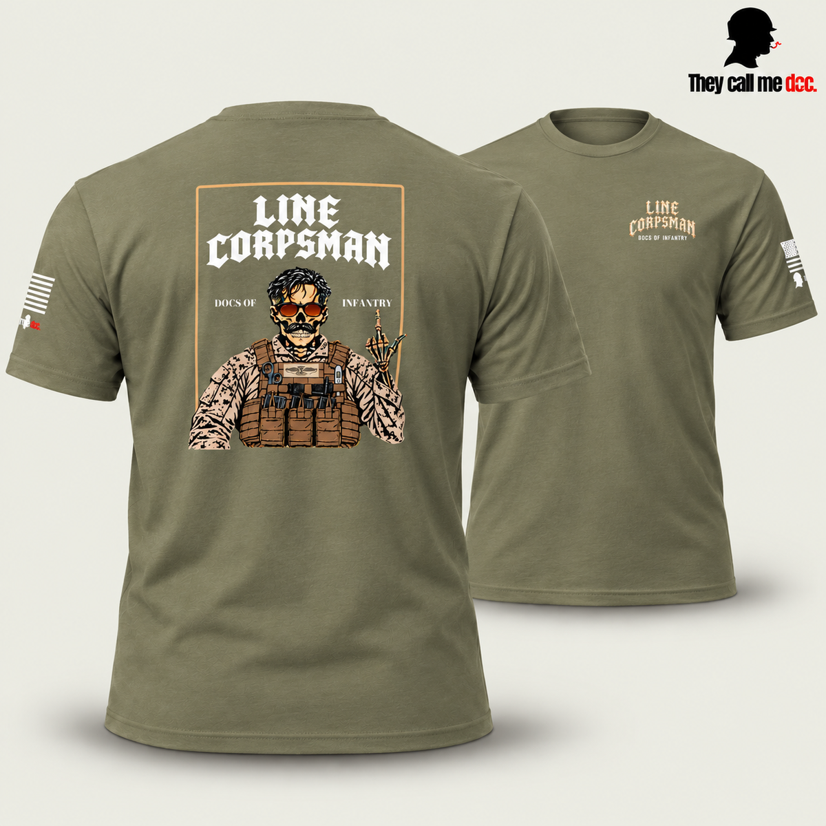 Line Corpsman T-Shirt in military green, back design in foreground with front view behind