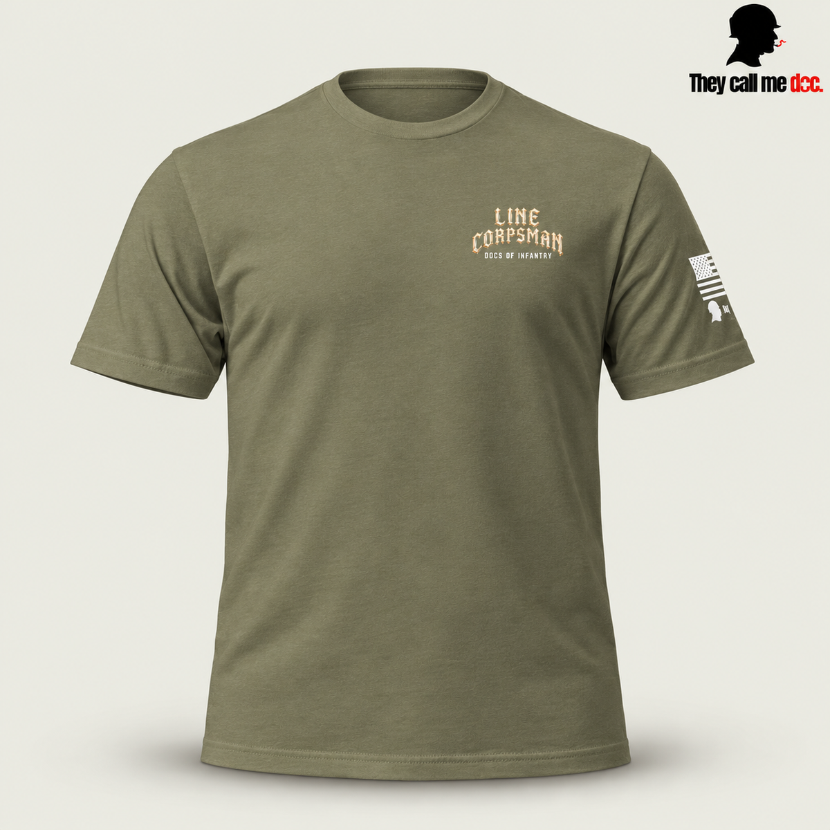 Line Corpsman T-Shirt in military green, front view