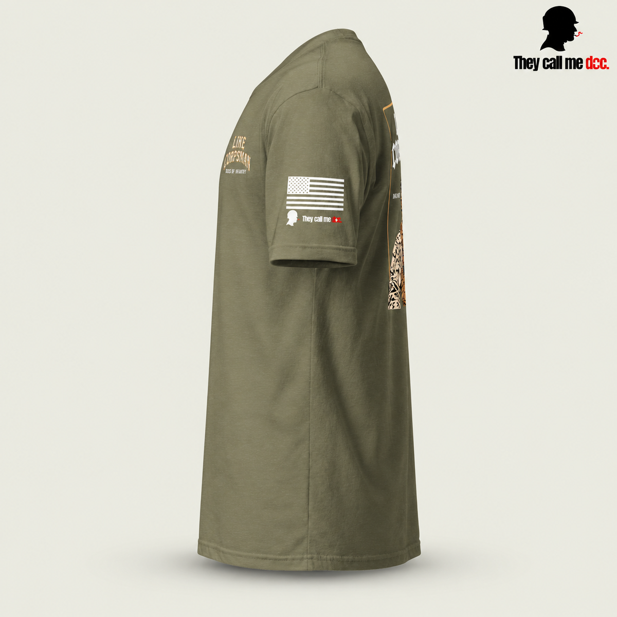 Line Corpsman T-Shirt in military green, left sleeve side view