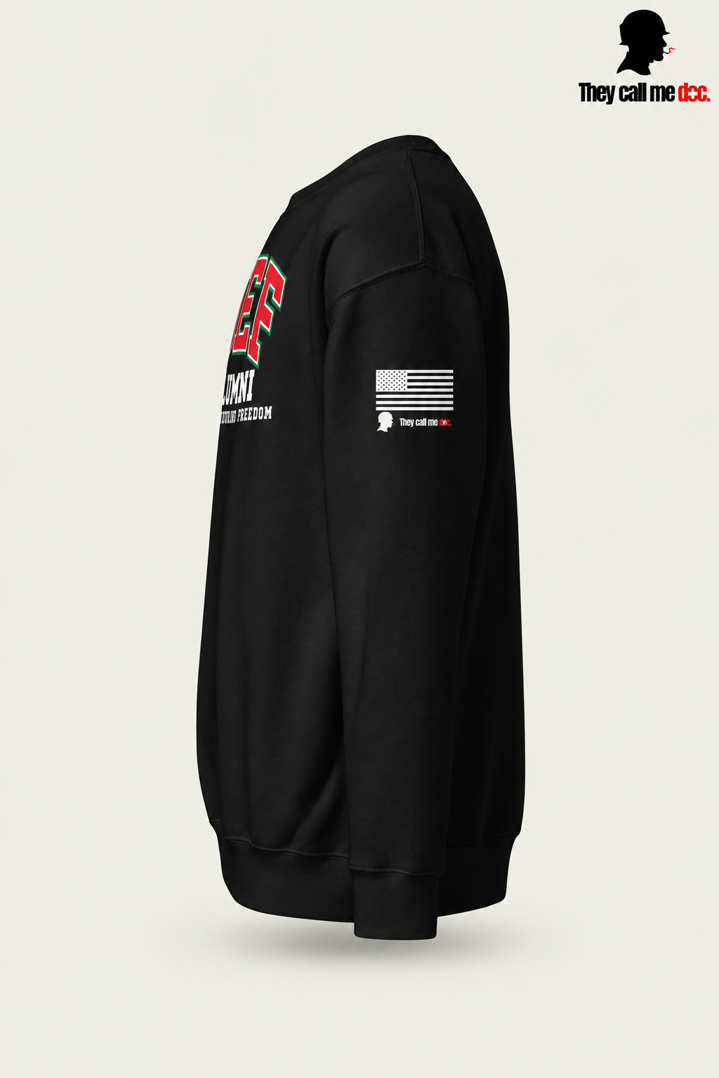OEF Alumni crewneck in black – left sleeve flag view