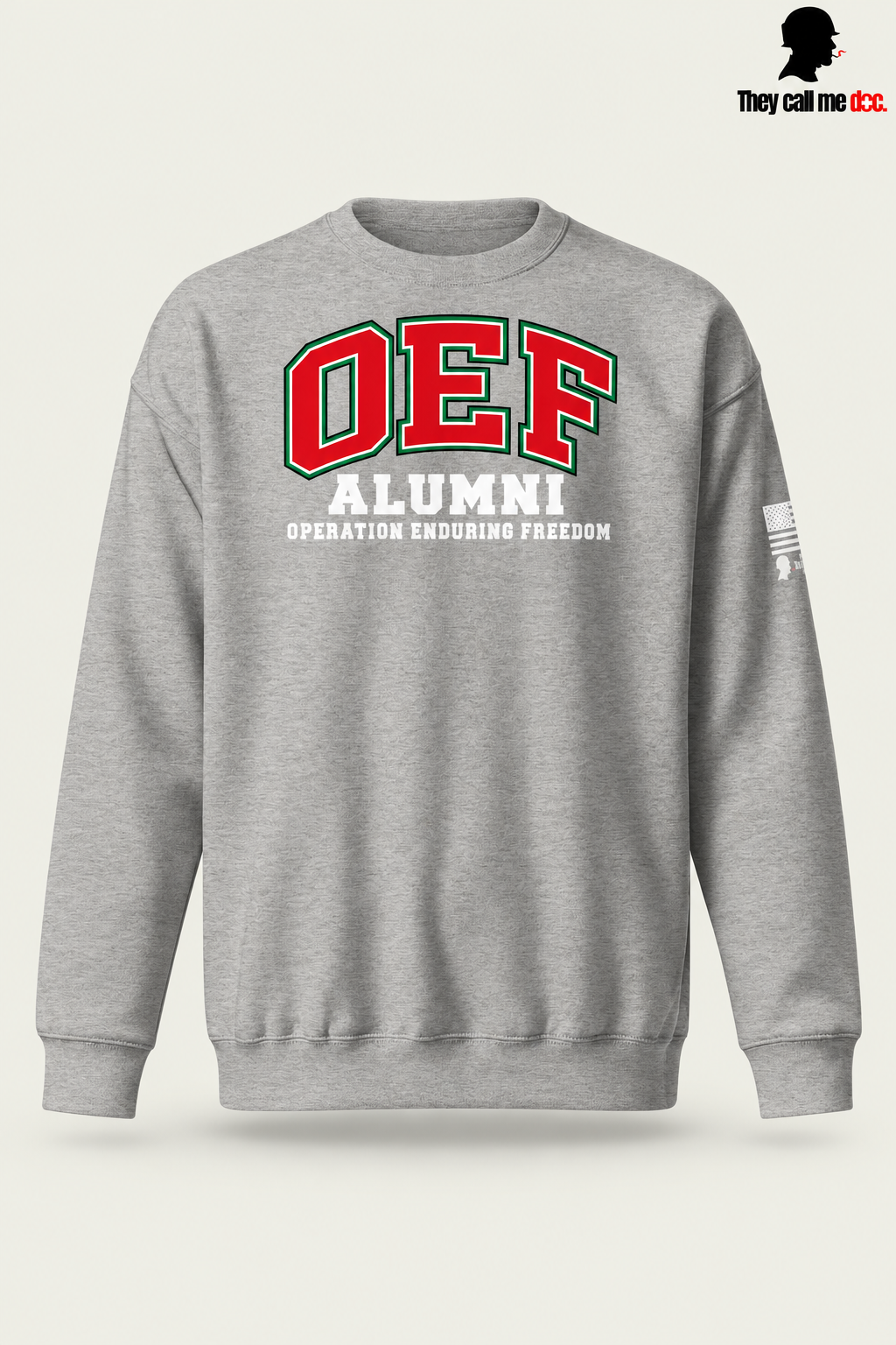 OEF Alumni crewneck in carbon grey – front varsity design view