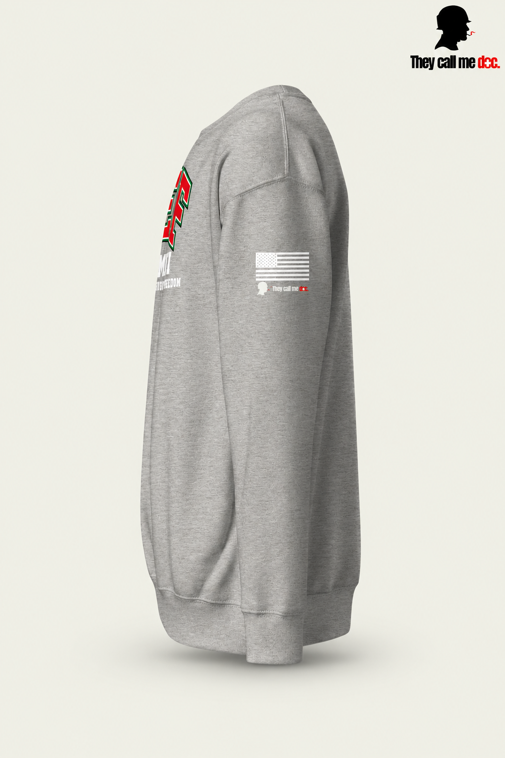 OEF Alumni crewneck in carbon grey – left sleeve flag view