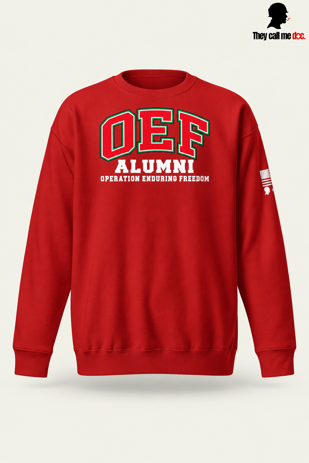 OEF Alumni crewneck in cardinal – front varsity design view