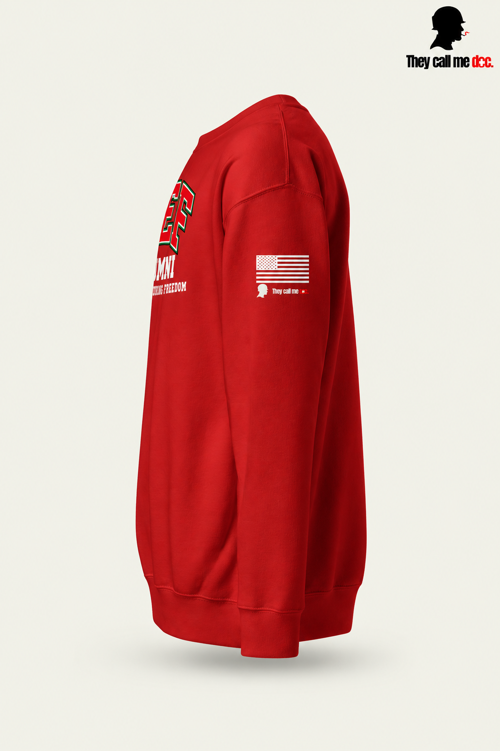 OEF Alumni crewneck in cardinal – left sleeve flag view