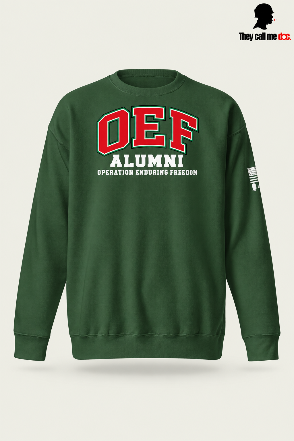 OEF Alumni crewneck in forest green – front varsity design view