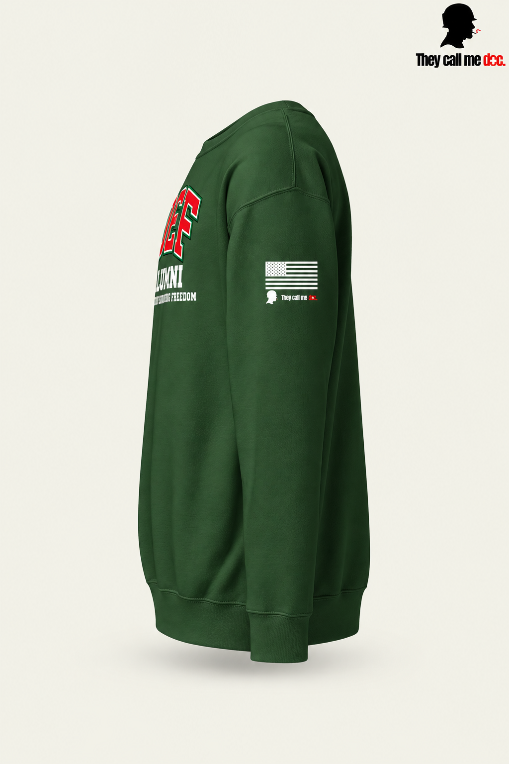 OEF Alumni crewneck in forest green – left sleeve flag view