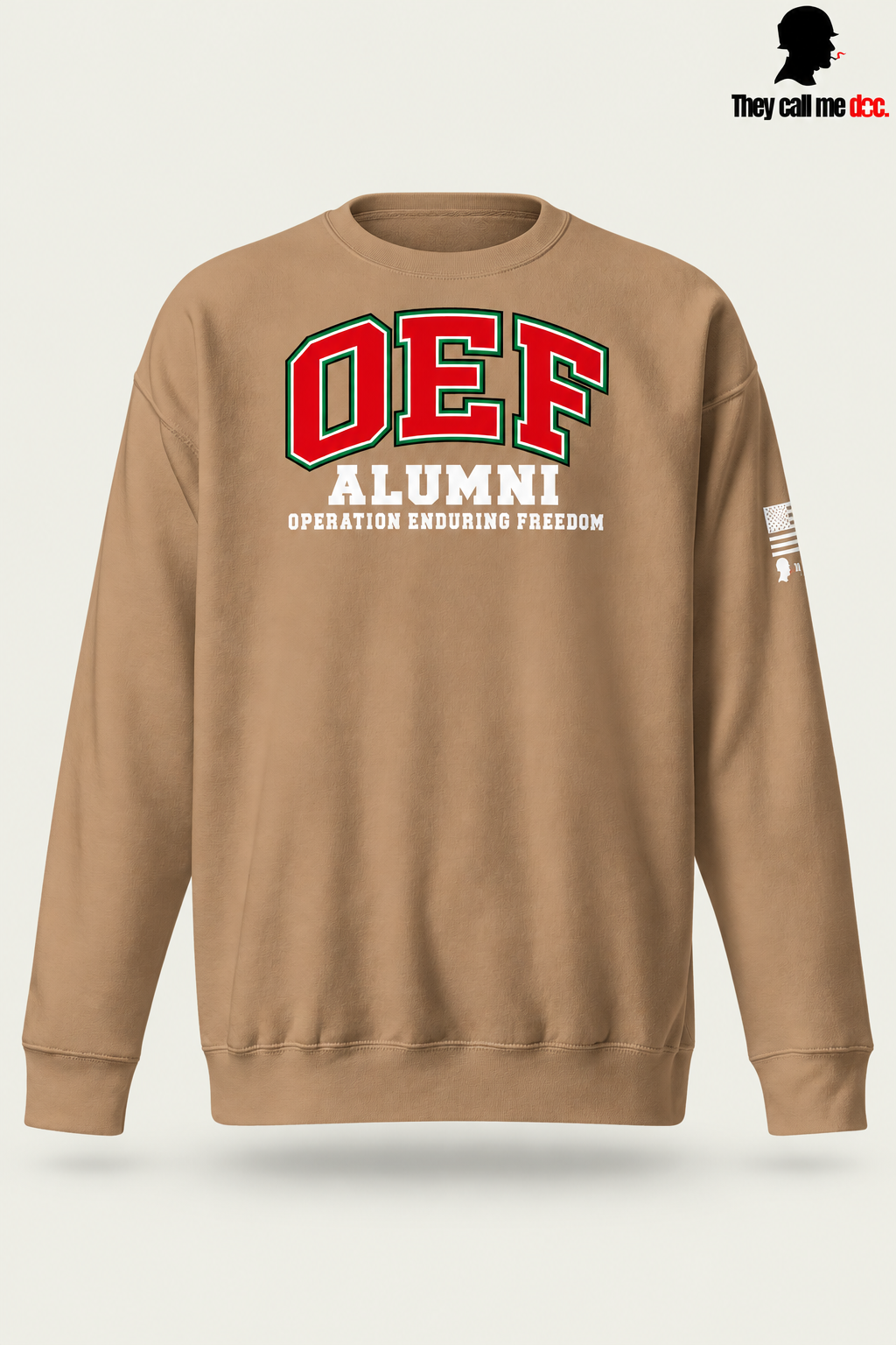 OEF Alumni crewneck in latte – front varsity design view
