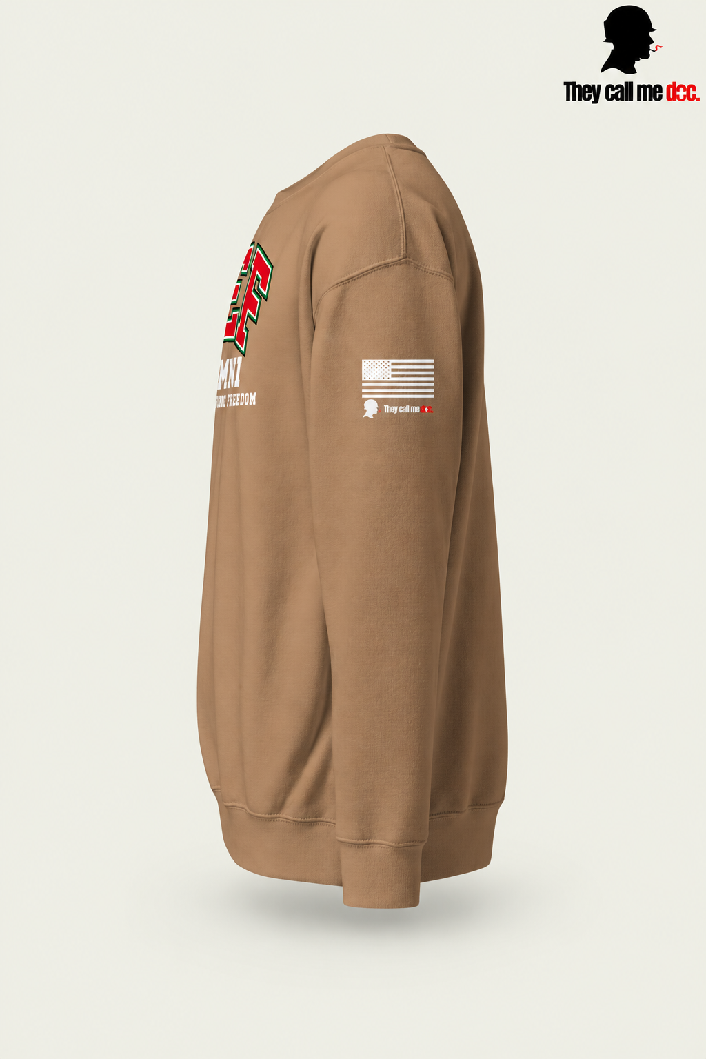 OEF Alumni crewneck in latte – left sleeve flag view