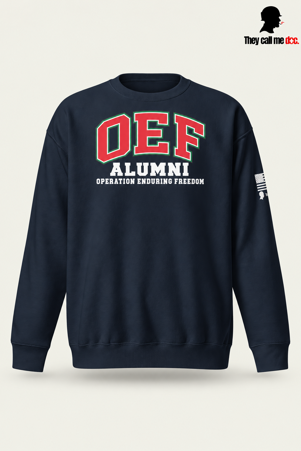 OEF Alumni crewneck in navy blazer – front varsity design view