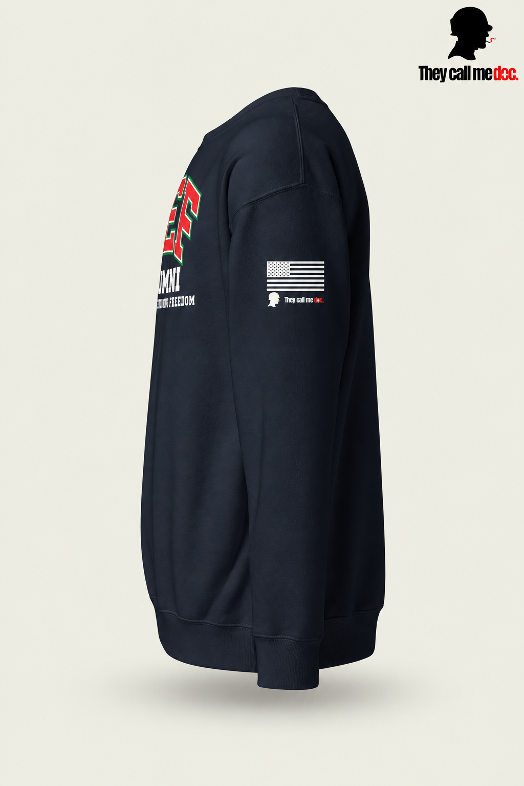 OEF Alumni crewneck in navy blazer – left sleeve flag view