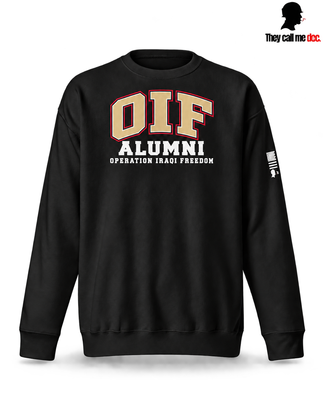 OIF Alumni crewneck in black – front varsity design view